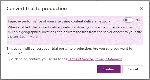 Skærmbillede af den meddelelse, der bekræfter, at du ønsker at aktivere Content Delivery Network, mens prøveversionen konverteres til produktion.