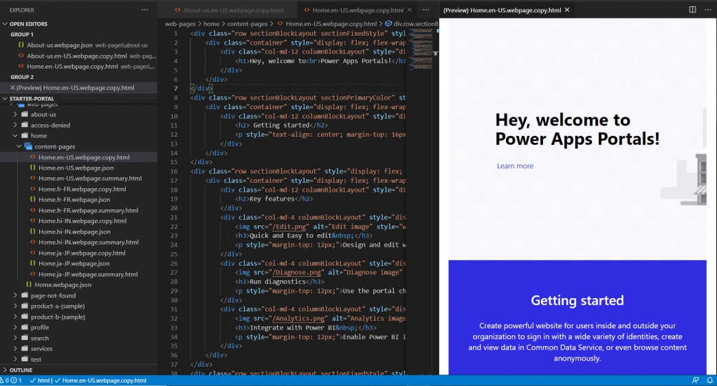 Skærmbillede, der viser fillisten, åbne filen i Visual Studio Code-editoren og en forhåndsversion i højre side.