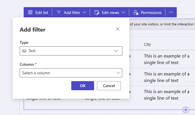 Pop op-vinduet Tilføj filter i arbejdsområdet Sider.