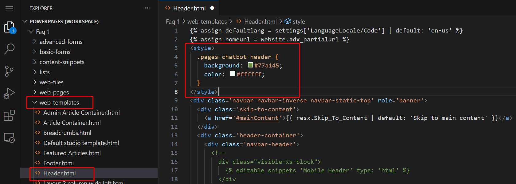 Skærmbillede af Visual Studio, hvor mappen med webskabeloner, Header.html filen og stylelementet med en CSS vælger er fremhævet.