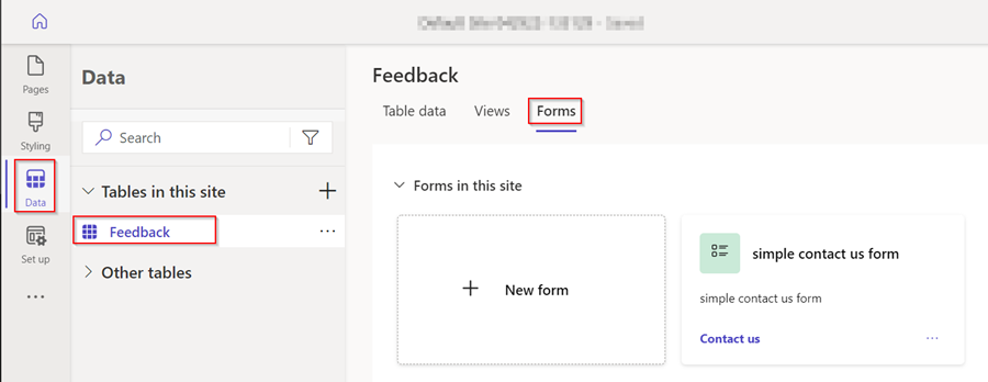 Menupunktet Formularer for feedbacktabellen i dataarbejdsområdet.