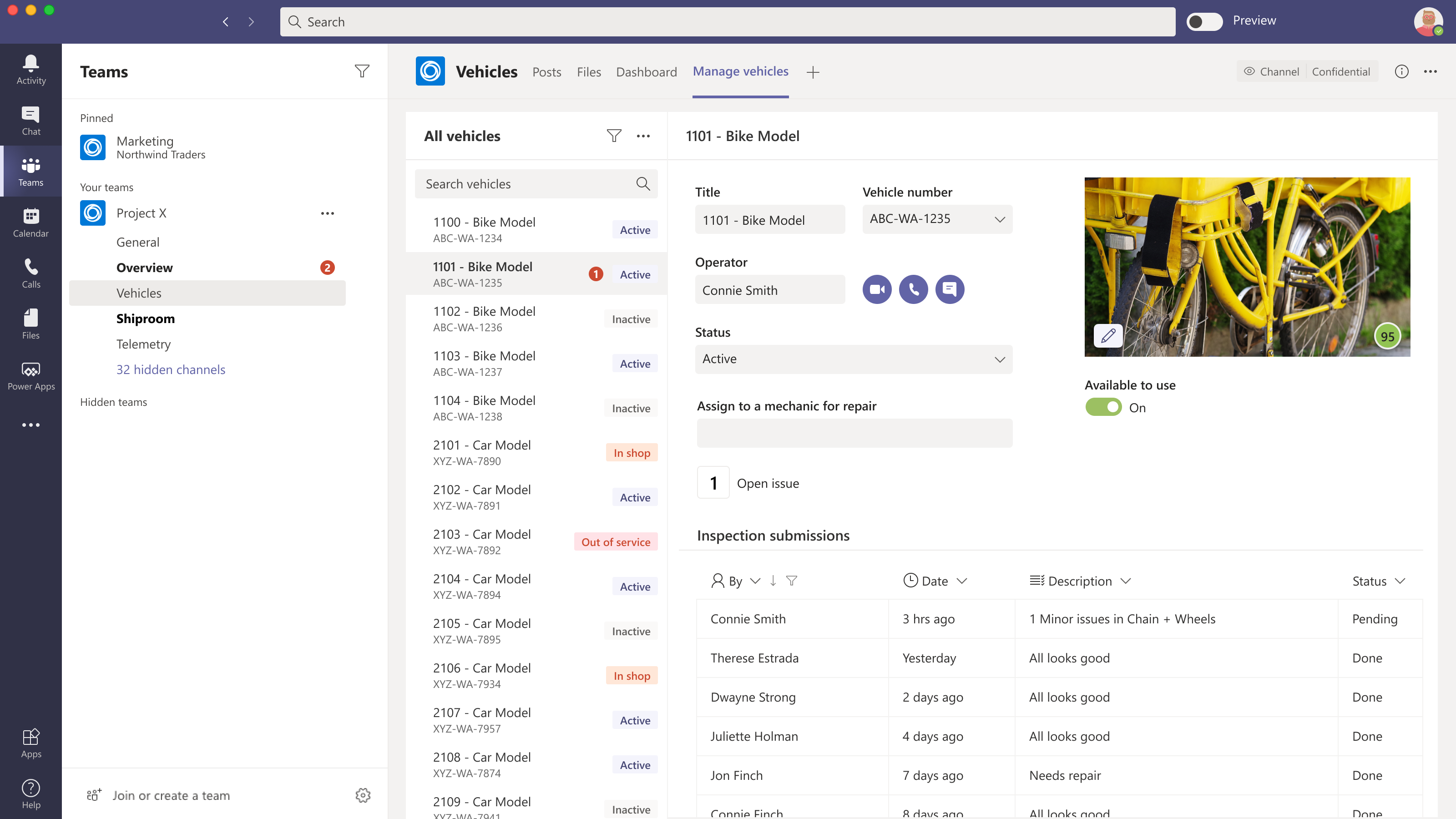 Administrere køretøjer i Microsoft Teams