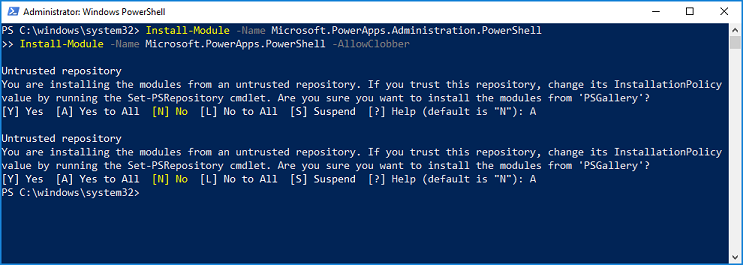 Skærmbillede, der viser, hvor du kan acceptere værdien i InstallationPolicy i PowerShell.