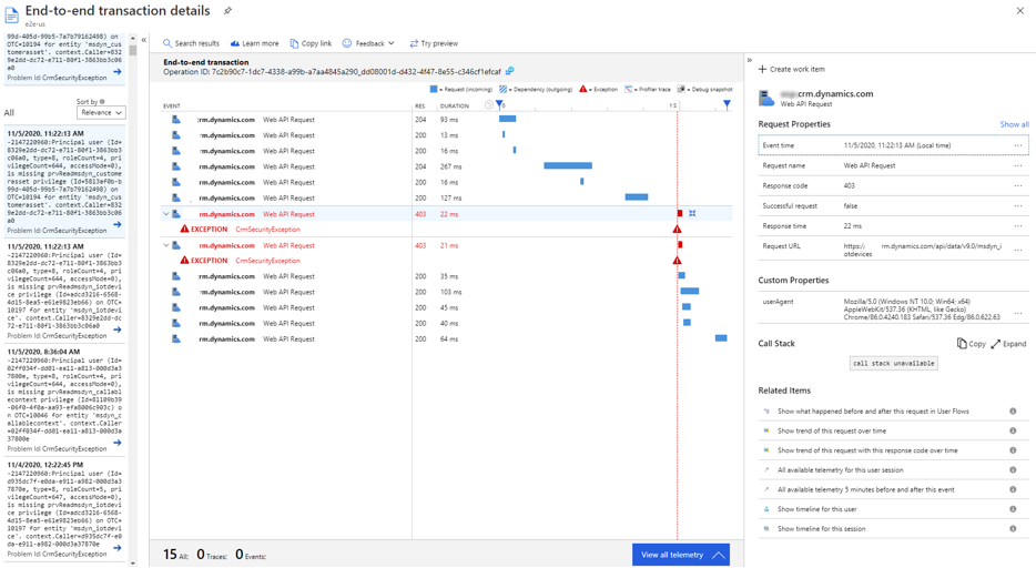 Application Insights-fejldetaljer.