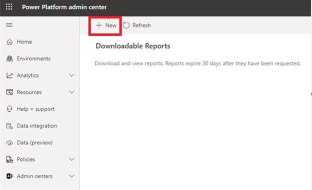 Skærmbillede, der viser siden Download rapporter i Power Platform Administration og fremhæver knappen til oprettelse af en ny downloadrapport.