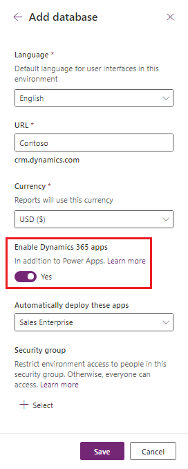 Vælg Aktivér Dynamics 365-apps.