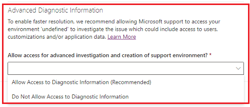 Skærmbillede af en supportanmodning med Vil du tillade adgang for avanceret undersøgelse og oprettelse af supportmiljø? fremhævet.