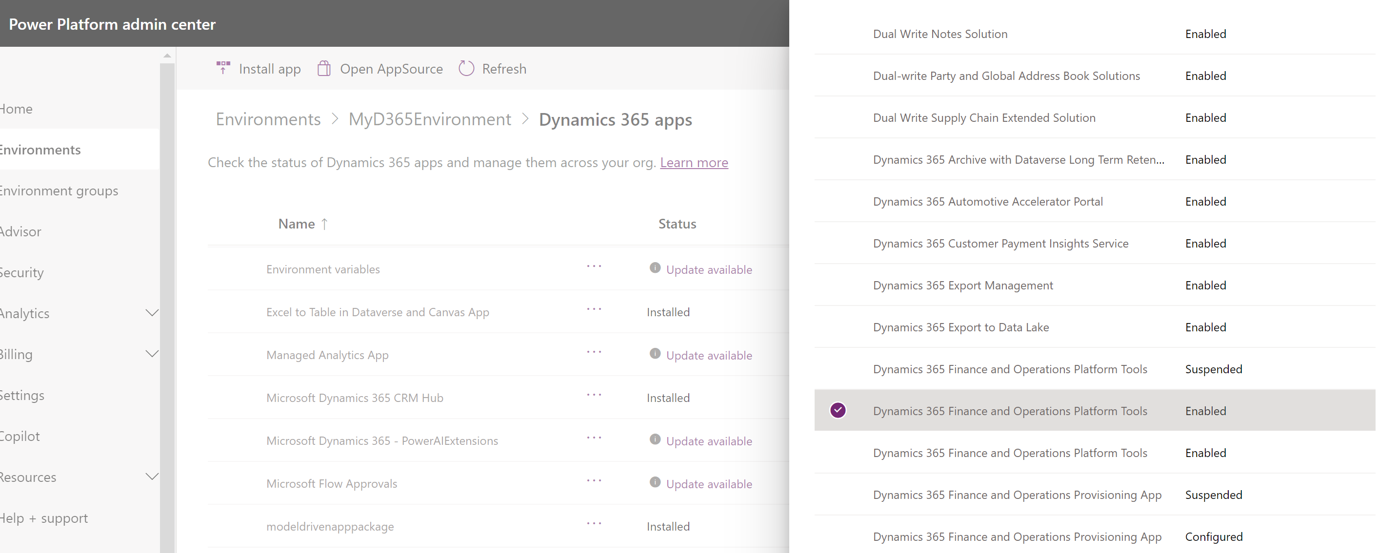 Skærmbillede, hvor der er valgt en post til Dynamics 365 Finance and Operations Platform Tools, der har statussen Aktiveret, til installation.