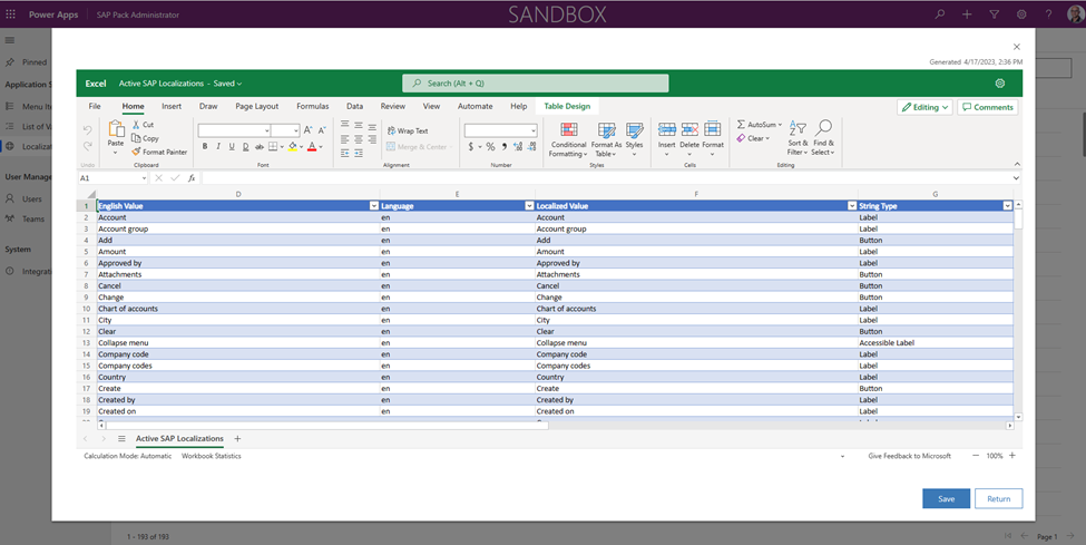 Eksportér SAP-strenglokaliseringer til Excel.