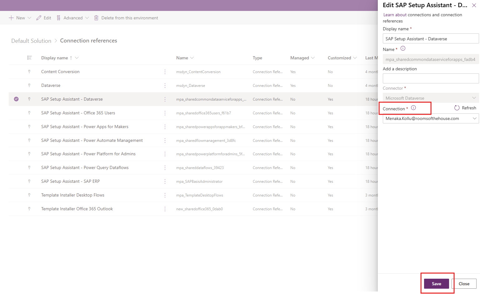 Billede af opdatering af SAP-opsætningen Assistent forbindelsesreference.