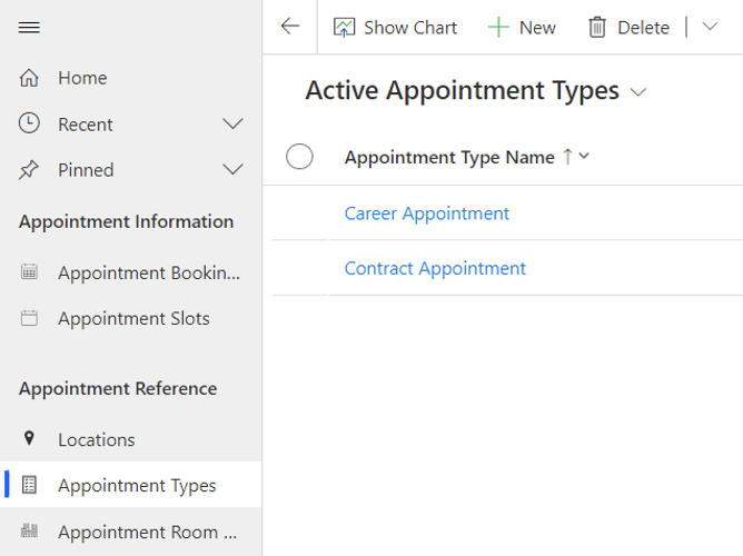 Skærmbillede af opsætning af aftaleplaceringer, -typer og værelsesnumre i Appointment Booking Admin-appen.