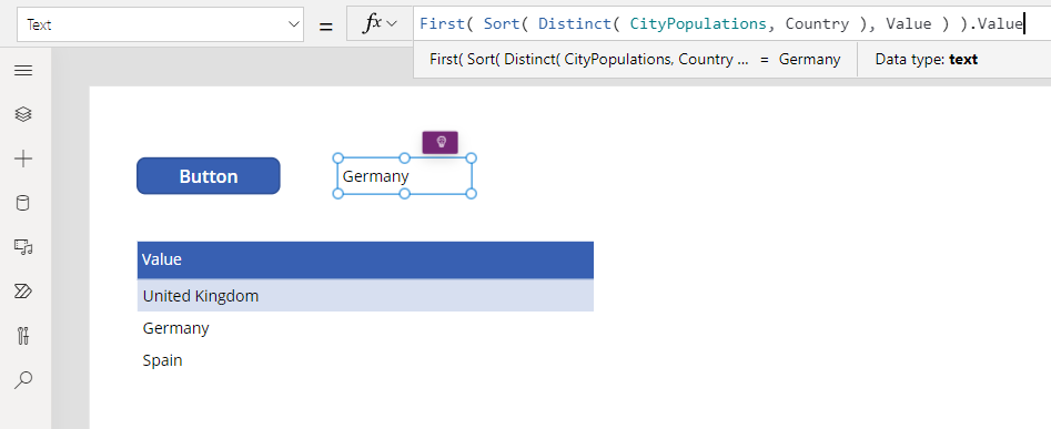 Output fra en Distinct-funktion, der viser det første land/område efter navn.