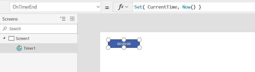 En skærm med et kontrolelement for tidsstyring med formlen OnTimerEnd = Set(CurrentTime, Now()).