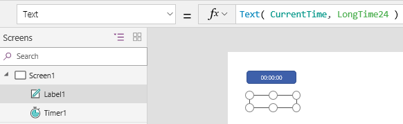 En skærm, der indeholder et kontrolelement for navn, hvor egenskaben Text er angivet til Text( CurrentTime, LongTime24).