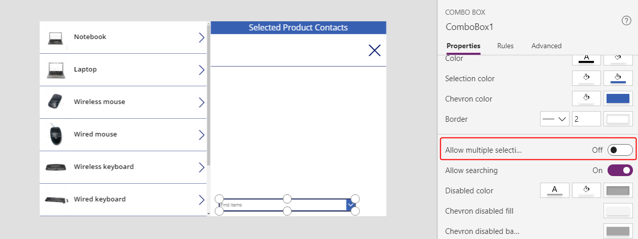 Konfigurer kombinationsfeltets egenskab Layout.