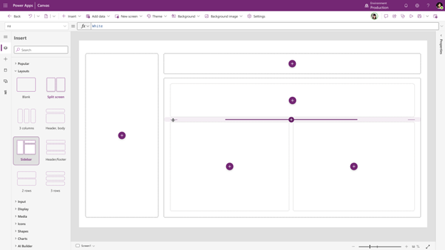 Skærmbillede af Power Apps Canvas-studiet og dynamiske layouts med afstandsstykkeværktøjer.