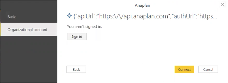 Dialogboksen Forbind for Anaplan Power BI-connectoren.