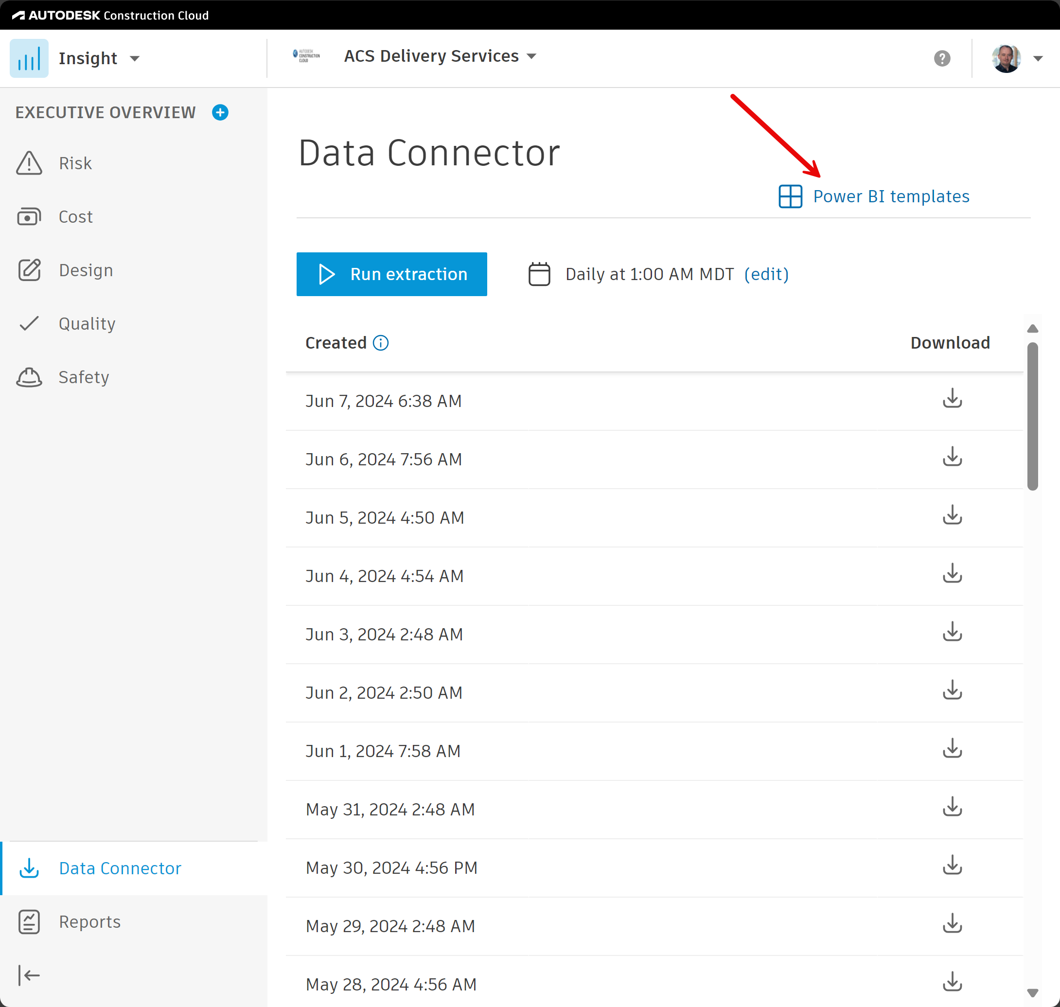 Skærmbillede, der viser Power BI-skabelongalleriet i Data Connector