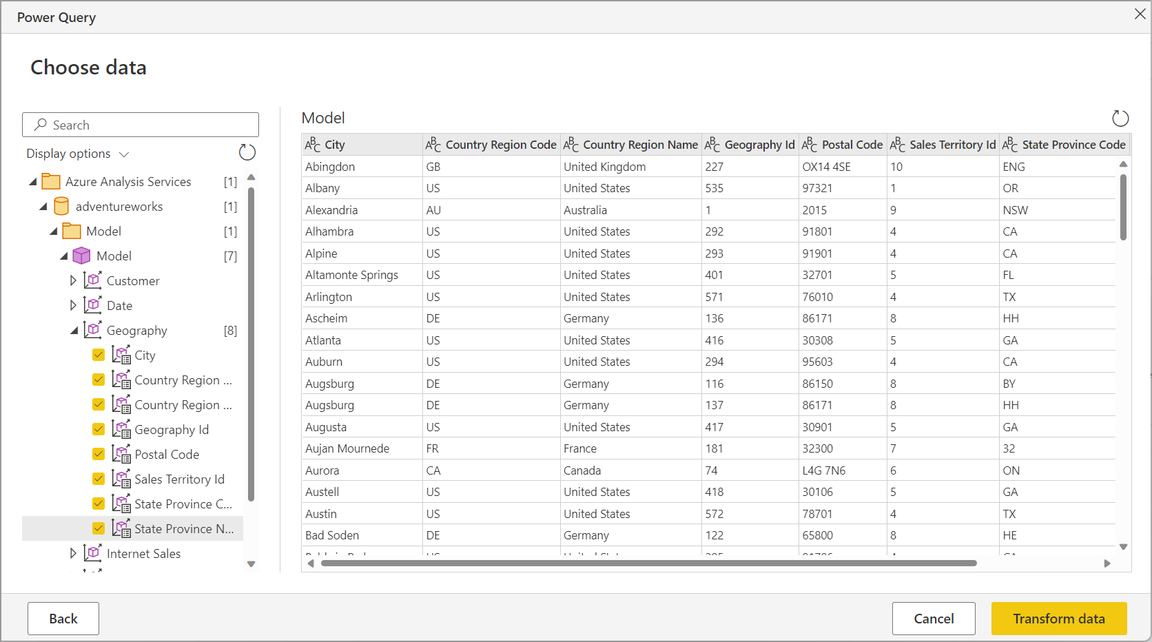 Power Query Online Navigator, der viser HR-medarbejderdataene.