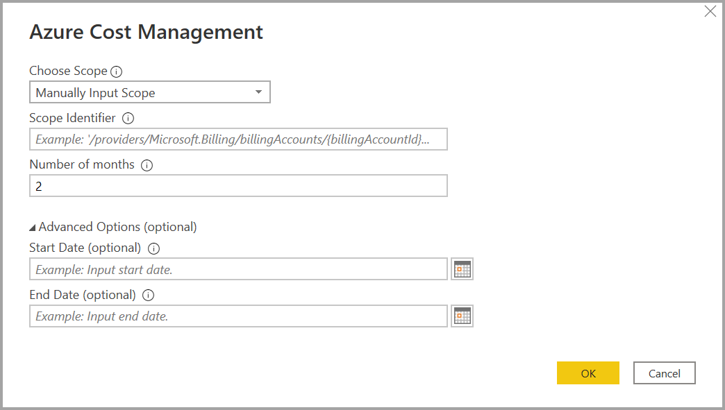 Skærmbillede af Azure Cost Management med input af antal måneder.