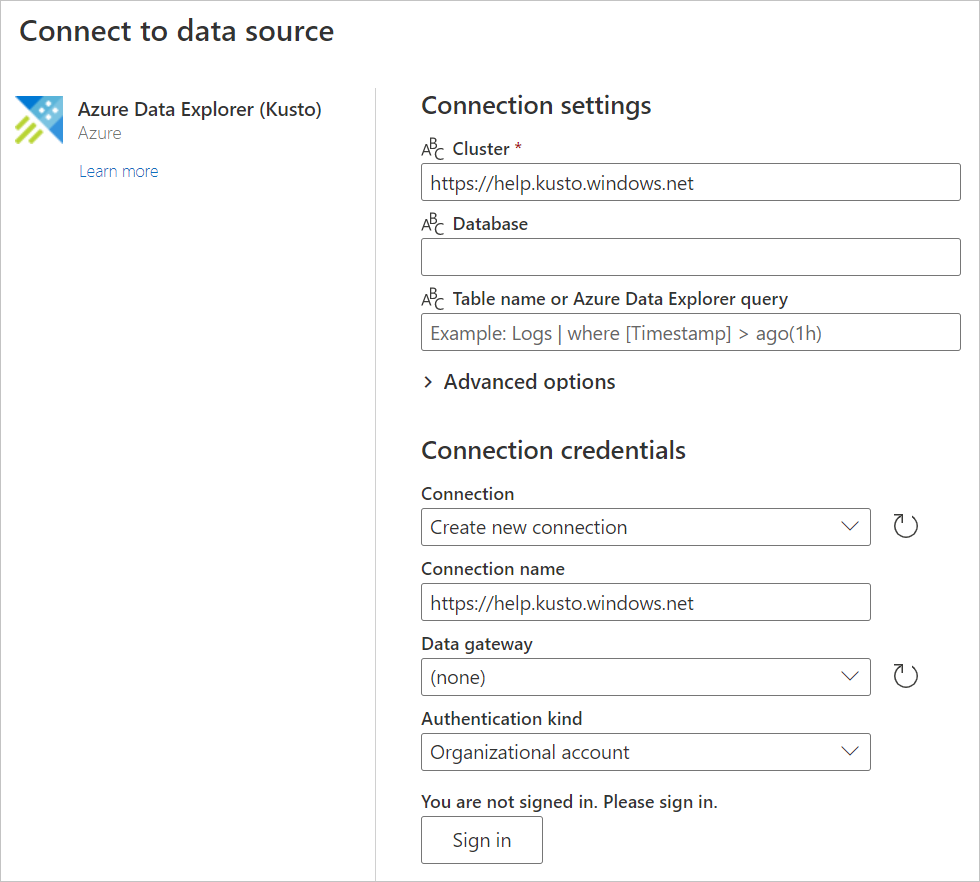 Skærmbillede af siden Vælg datakilde til Azure Data Explorer (Kusto), hvor URL-adressen for den angivne klynge er angivet.