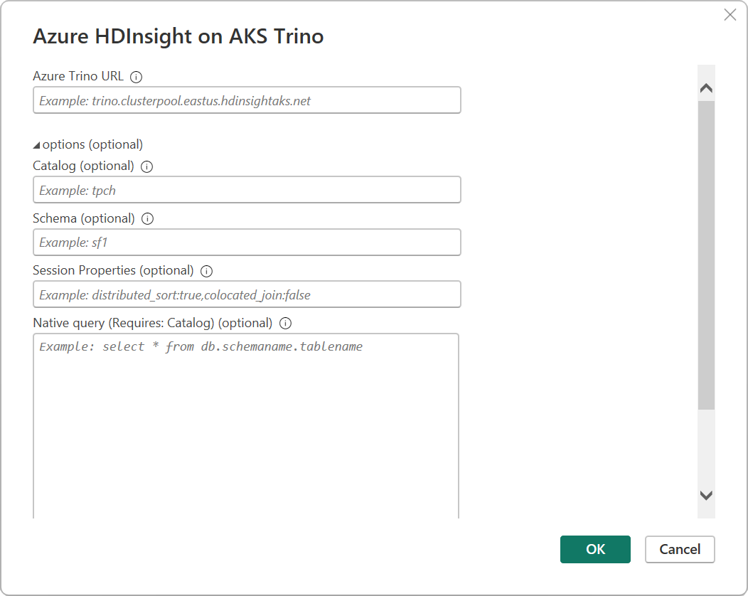 Skærmbillede af Azure HDInsight på AKS Trino-forbindelsessiden.