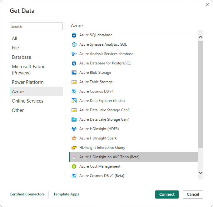 Skærmbillede af dialogboksen Hent data med Azure-kategorien og Azure HDInsight på AKS Trino-connectoren fremhævet.