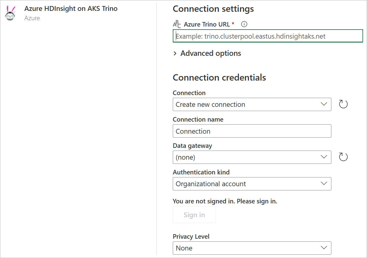 Skærmbillede af forbindelsesdialogboksen til Azure HDInsight på AKS Trino.