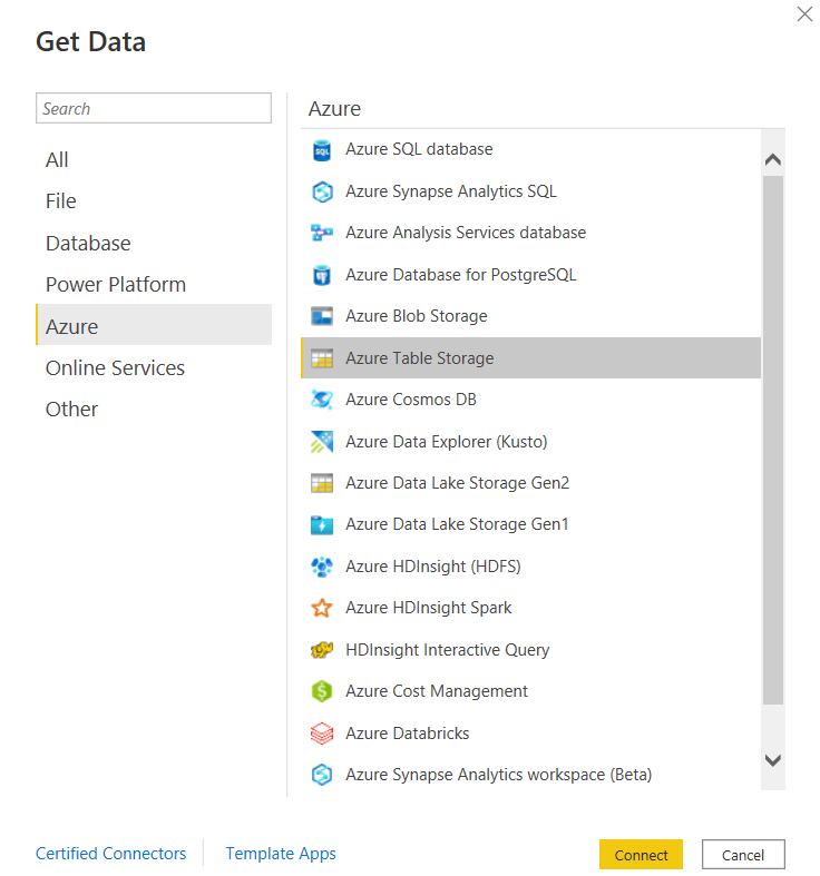 Skærmbillede af dialogboksen Hent data, der viser valg af Azure Table Storage-database.