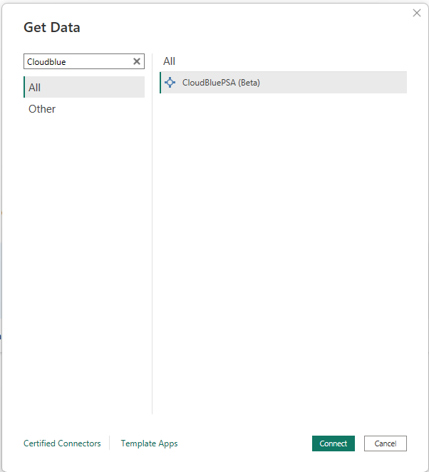 Skærmbillede af dialogboksen Hent data for CloudBluePSA.