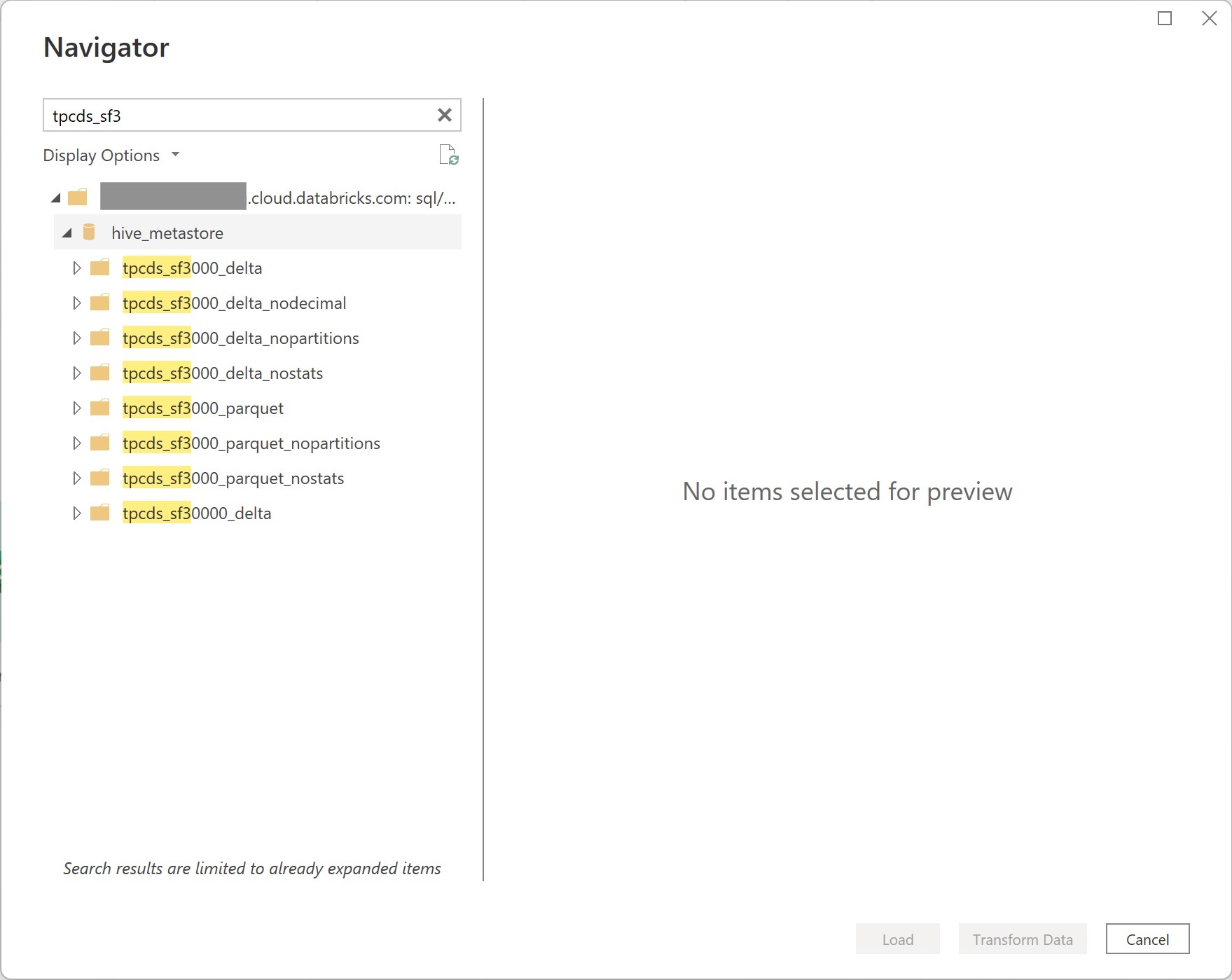 Billede af Power Query-navigator, der indlæser Databricks Cloud-data i skrivebordsappen.