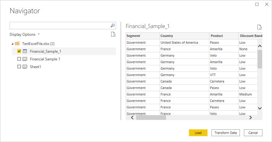 Excel-projektmappe importeret til Power Query Desktop Navigator.