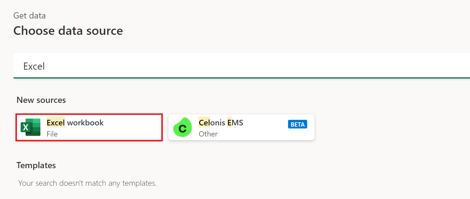 Skærmbillede af vinduet Hent data, hvor Excel-projektmappen er fremhævet.