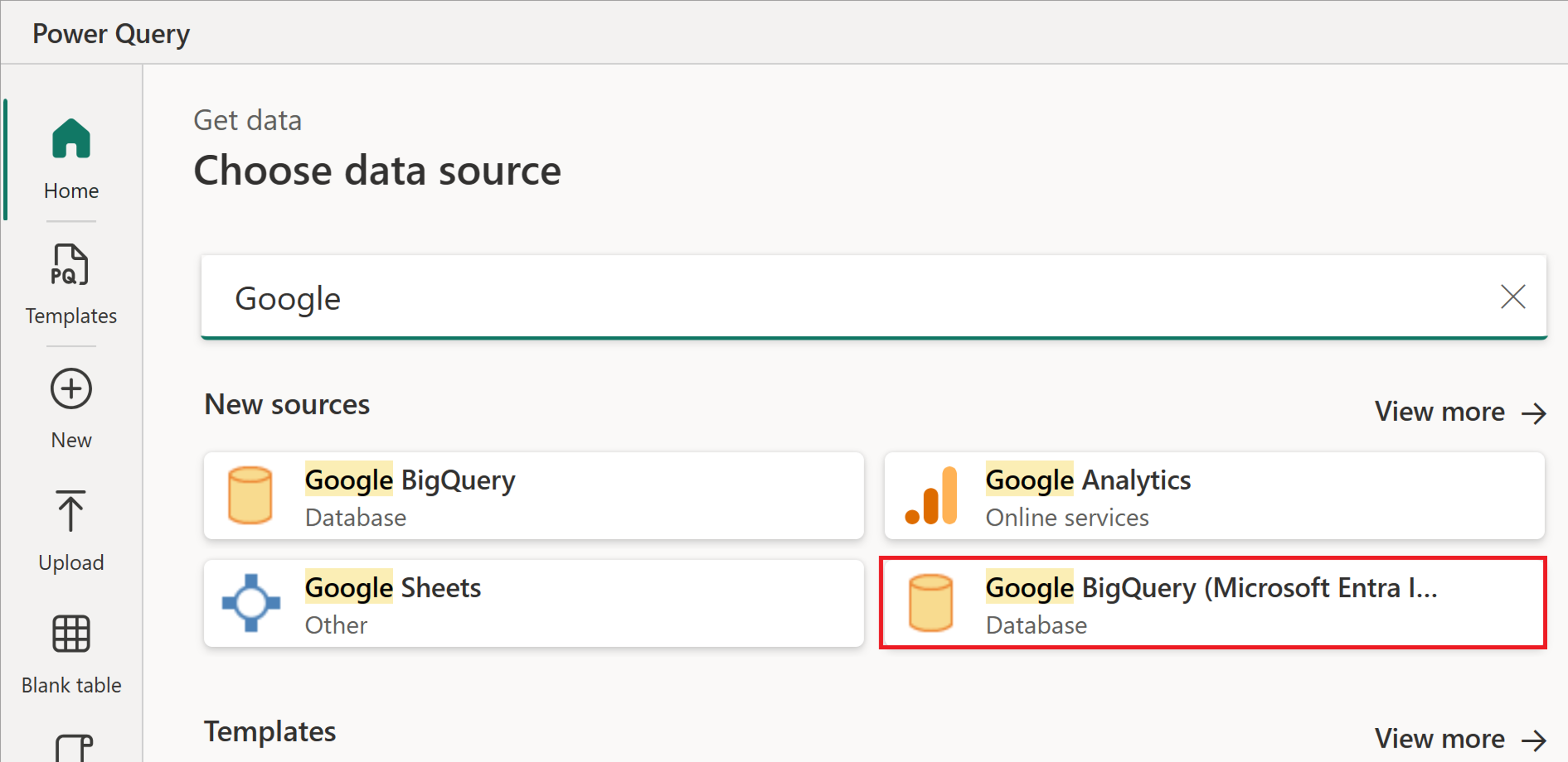 Skærmbillede af dialogboksen Vælg datakilde med connectoren Google BigQuery (Microsoft Entra ID) fremhævet.