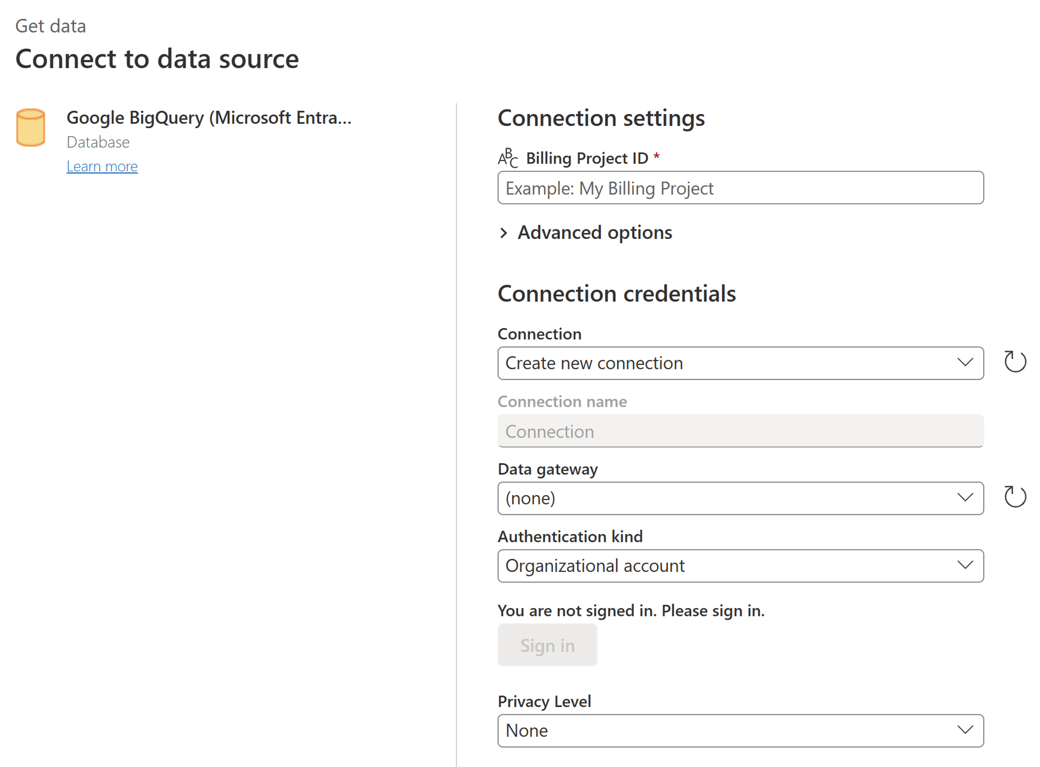 Skærmbillede af dialogboksen Opret forbindelse til datakilde, hvor du angiver dine forbindelsesindstillinger og legitimationsoplysninger for Google BigQuery (Microsoft Entra ID).