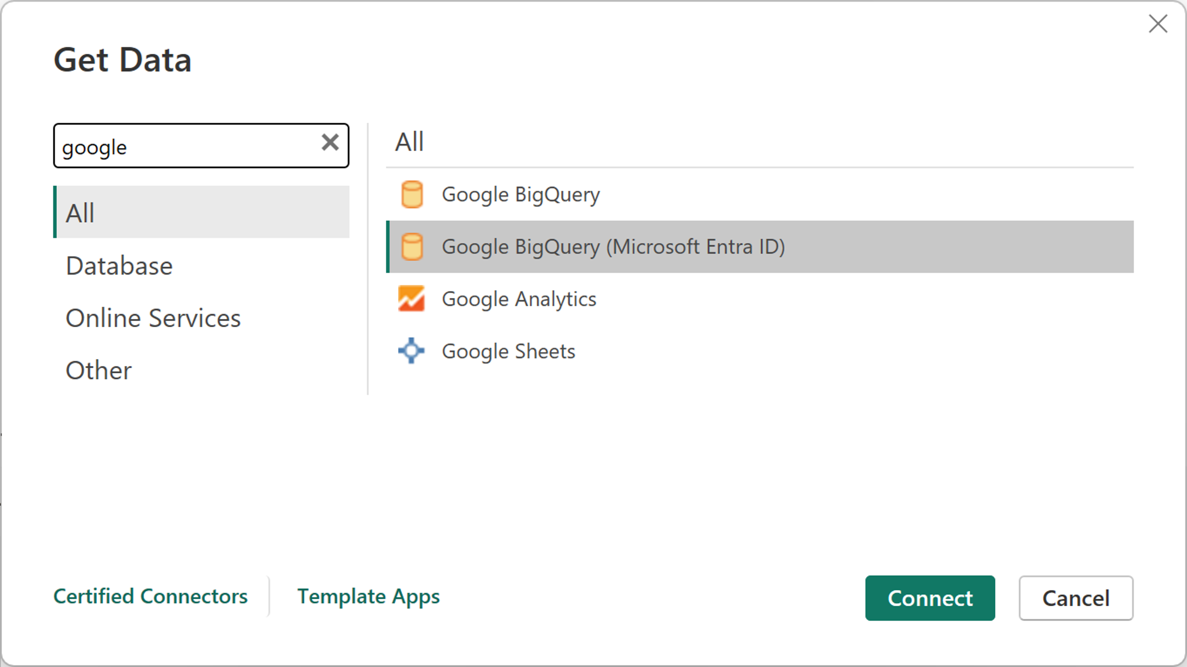 Skærmbillede med dialogboksen Hent data med fokus på Connectoren Google BigQuery (Microsoft Entra ID).