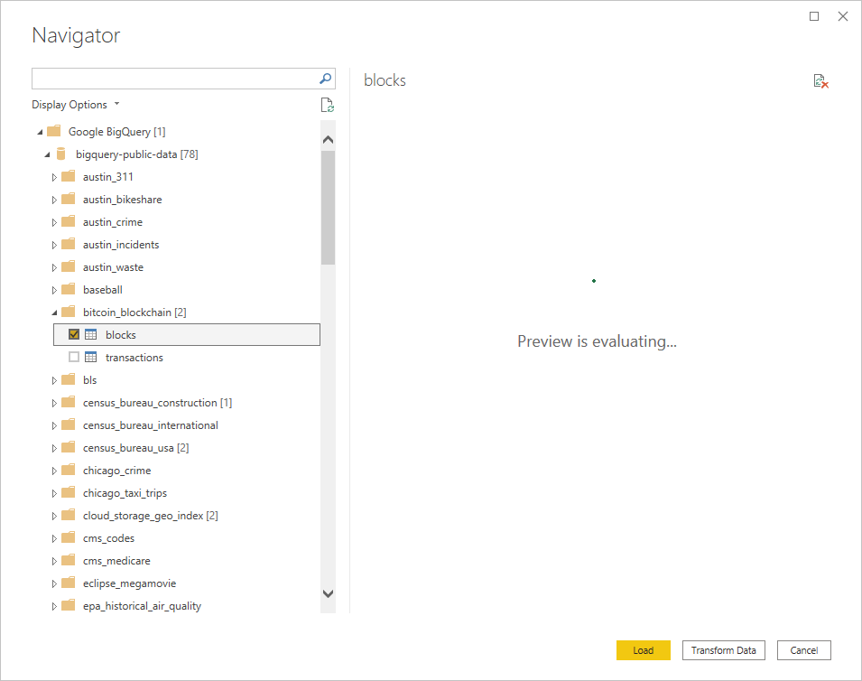 Billede af Power Query-navigator, der indlæser Google BigQuery-data i skrivebordsappen.