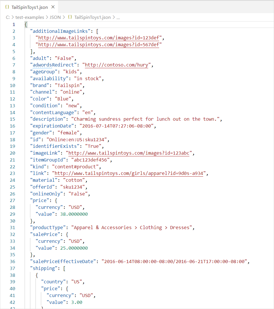 Billede af indholdet af en JSON-fil med indlejrede data.