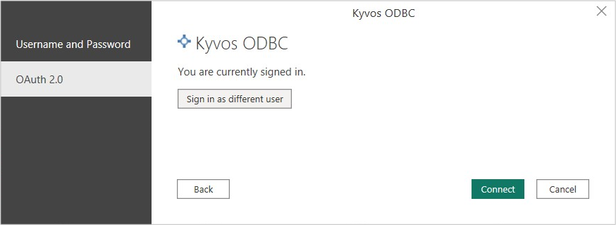 Skærmbillede af Opret forbindelse, der viser valg af Kyvos ODBC-connector.