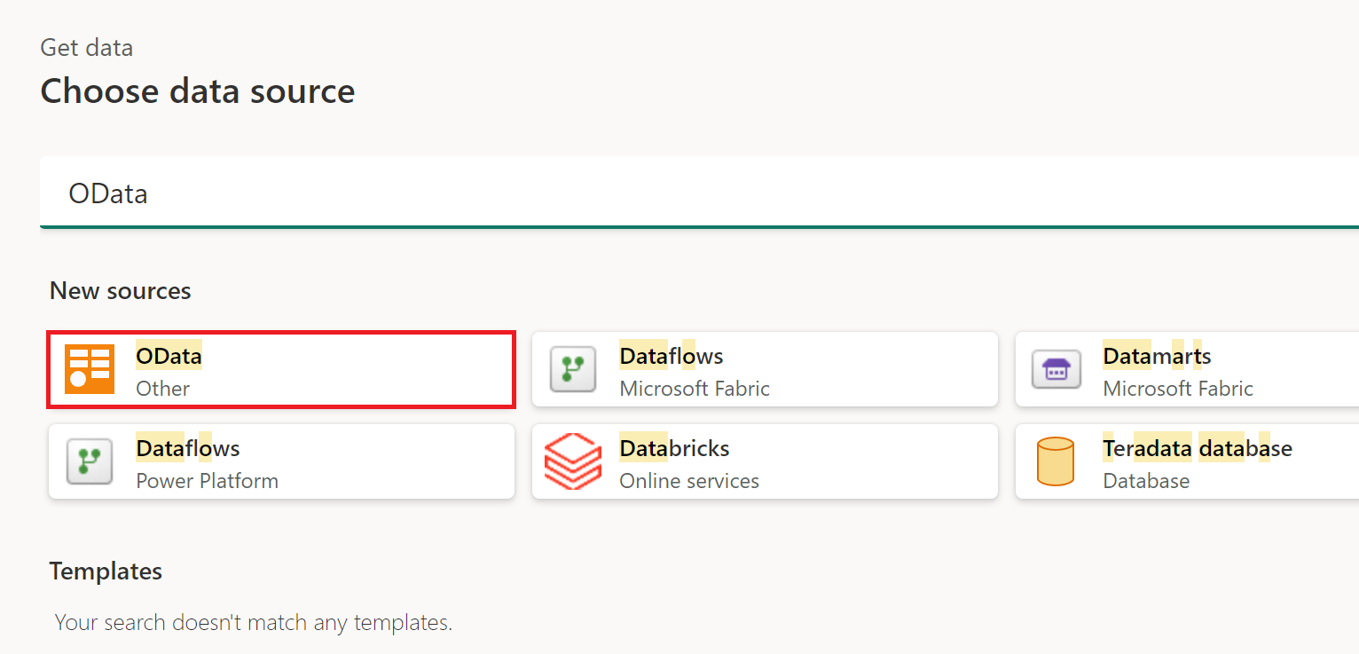 Skærmbillede af vinduet Hent data, hvor OData er fremhævet.