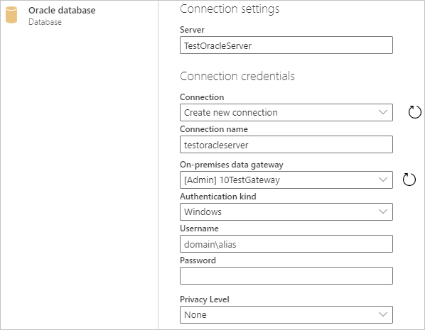 Angiv onlineforbindelse til Oracle-database.