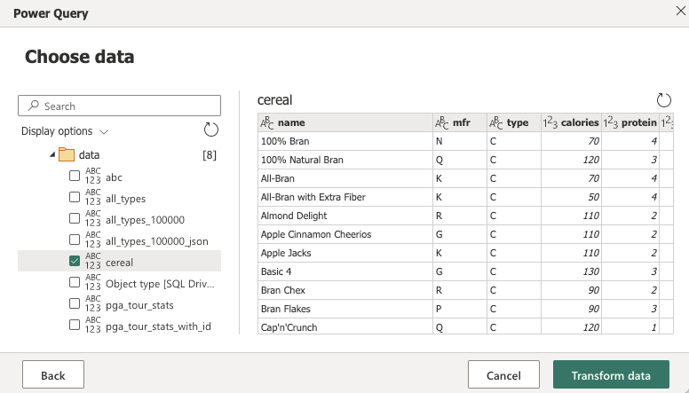 Skærmbillede af Power Query Online Navigator, der viser det valgte datasæt.