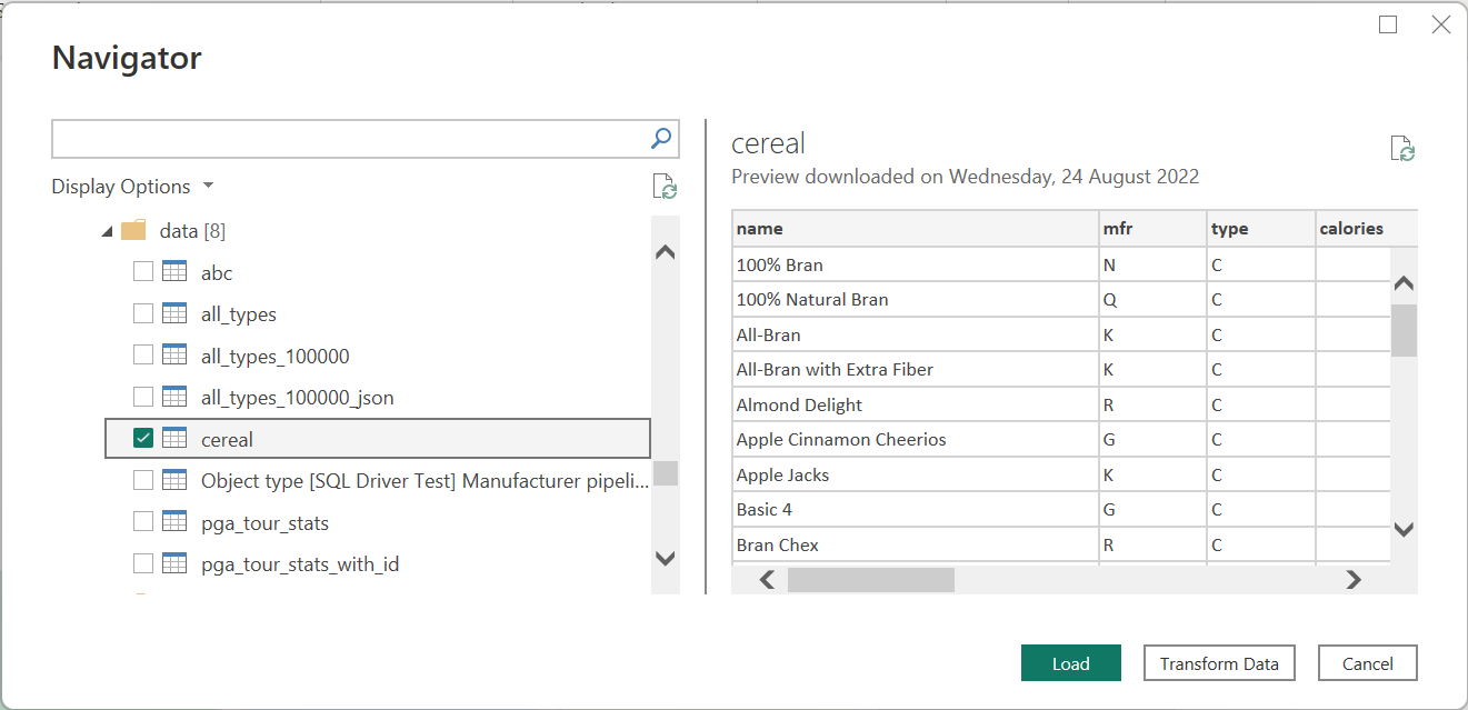 Skærmbillede af Power Query Desktop Navigator, der viser det valgte datasæt.