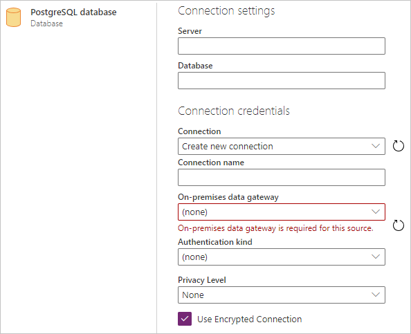 PostgreSQL-forbindelsesgenerator i Power Query Online.