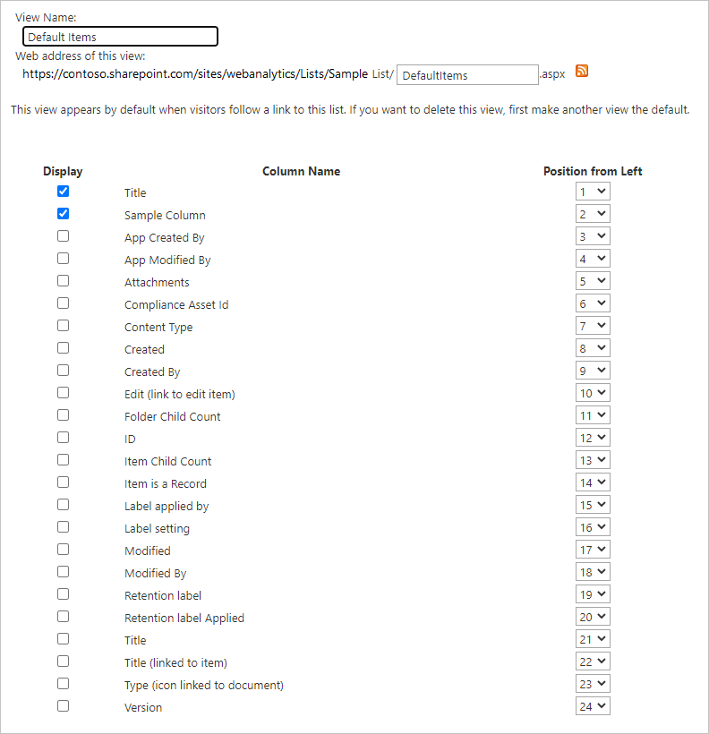 Et skærmbillede, der viser et eksempel på visningsindstillinger for en bestemt visning på SharePoint Online-listen.