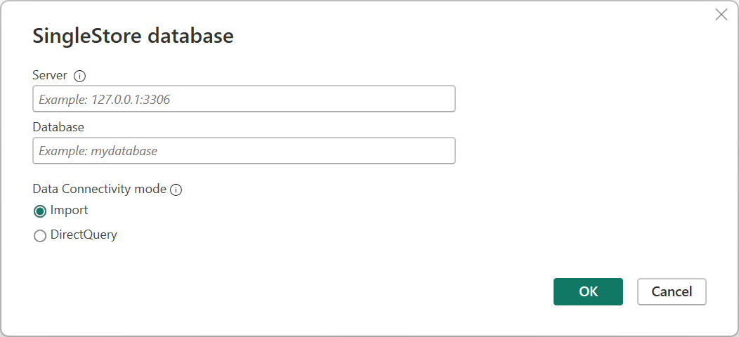 Angiv server-IP/værtsnavn og -database, og vælg forbindelsestilstanden.