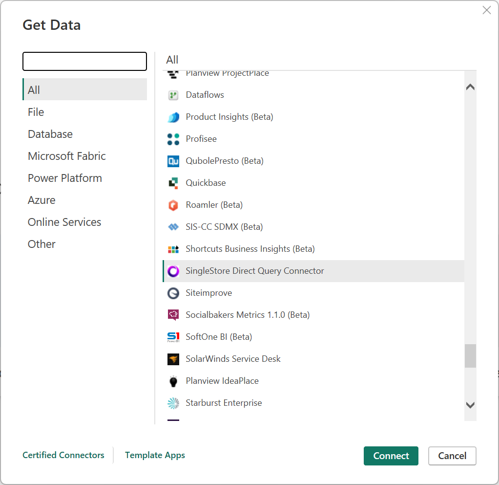 Find SingleStore-Forbind orer i dialogboksen Hent data.