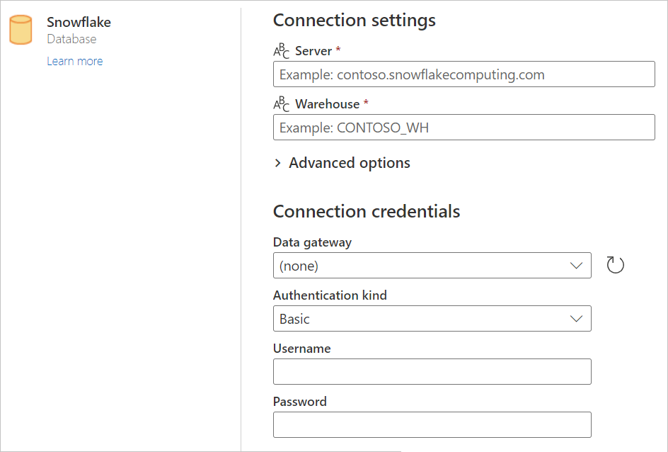 Snowflake-forbindelsesgenerator i Power Query Online.