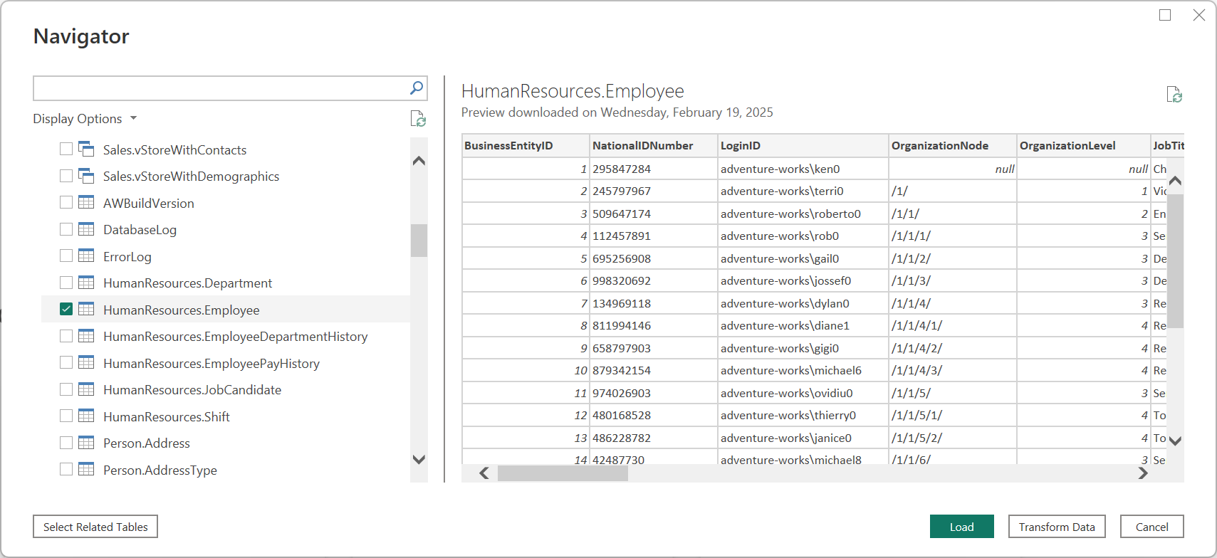 Power Query Navigator, der viser medarbejderdataene.