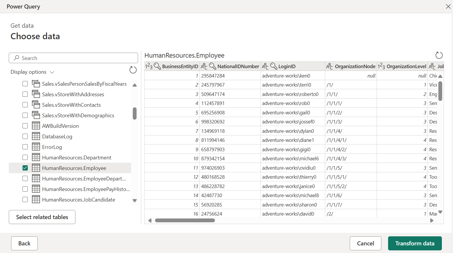 Power Query Online Navigator, der viser HR-medarbejderdataene.